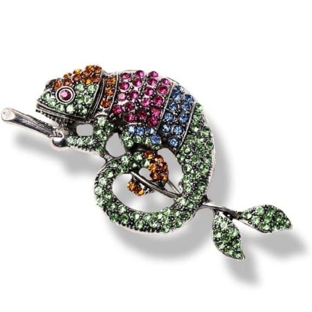 🆕🦎Crystal Chameleon  brooch multicolour, plated alloy base & pin back 💚
